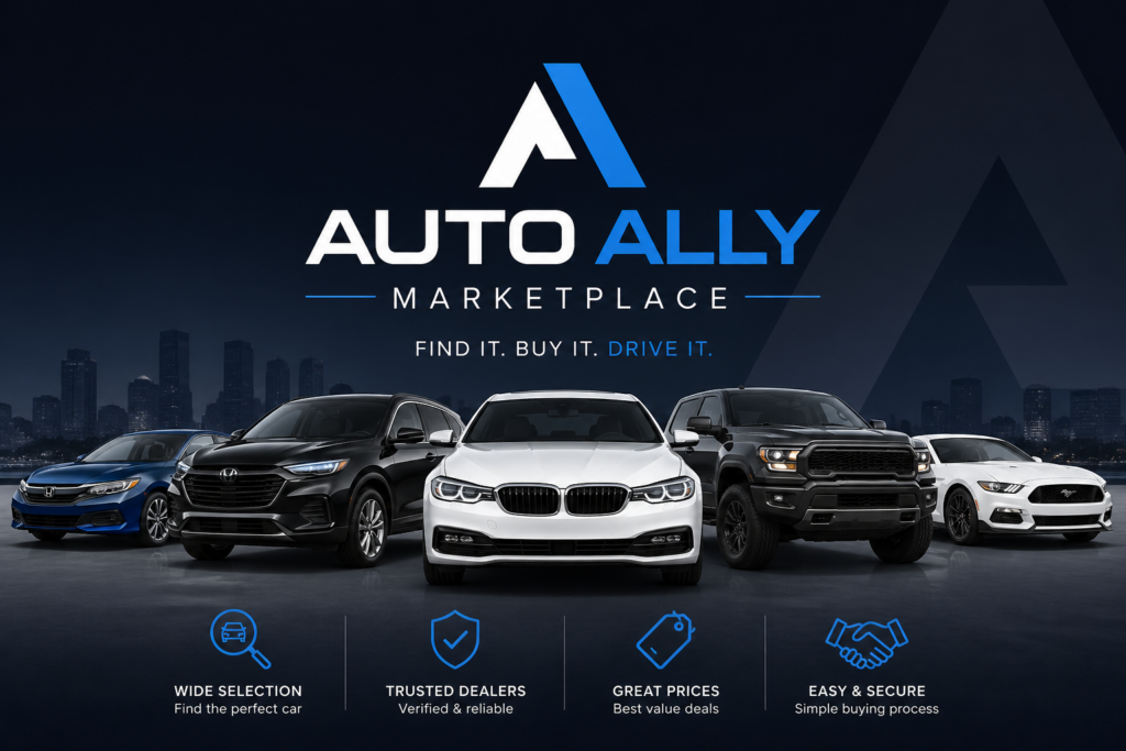 Auto Ally Marketplace logo with lineup of cars