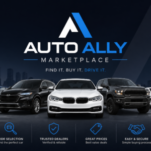 Auto Ally Marketplace logo with lineup of cars